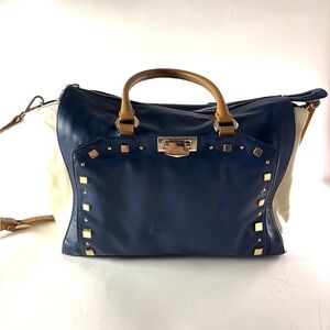 Vintage Cavalli Class Tricolor Leather Tote | Studded Blue Cream Y2K Designer